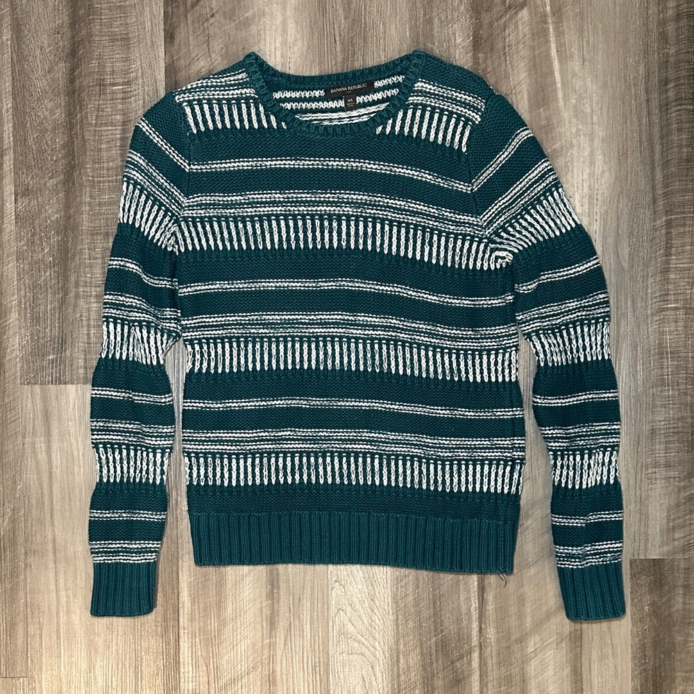 Banana Republic Striped Teal and White Knit Sweater - XS